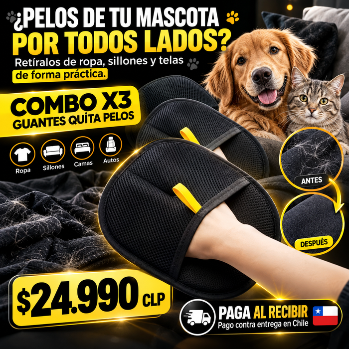 Combo Guante Quita Pelos Negro X3