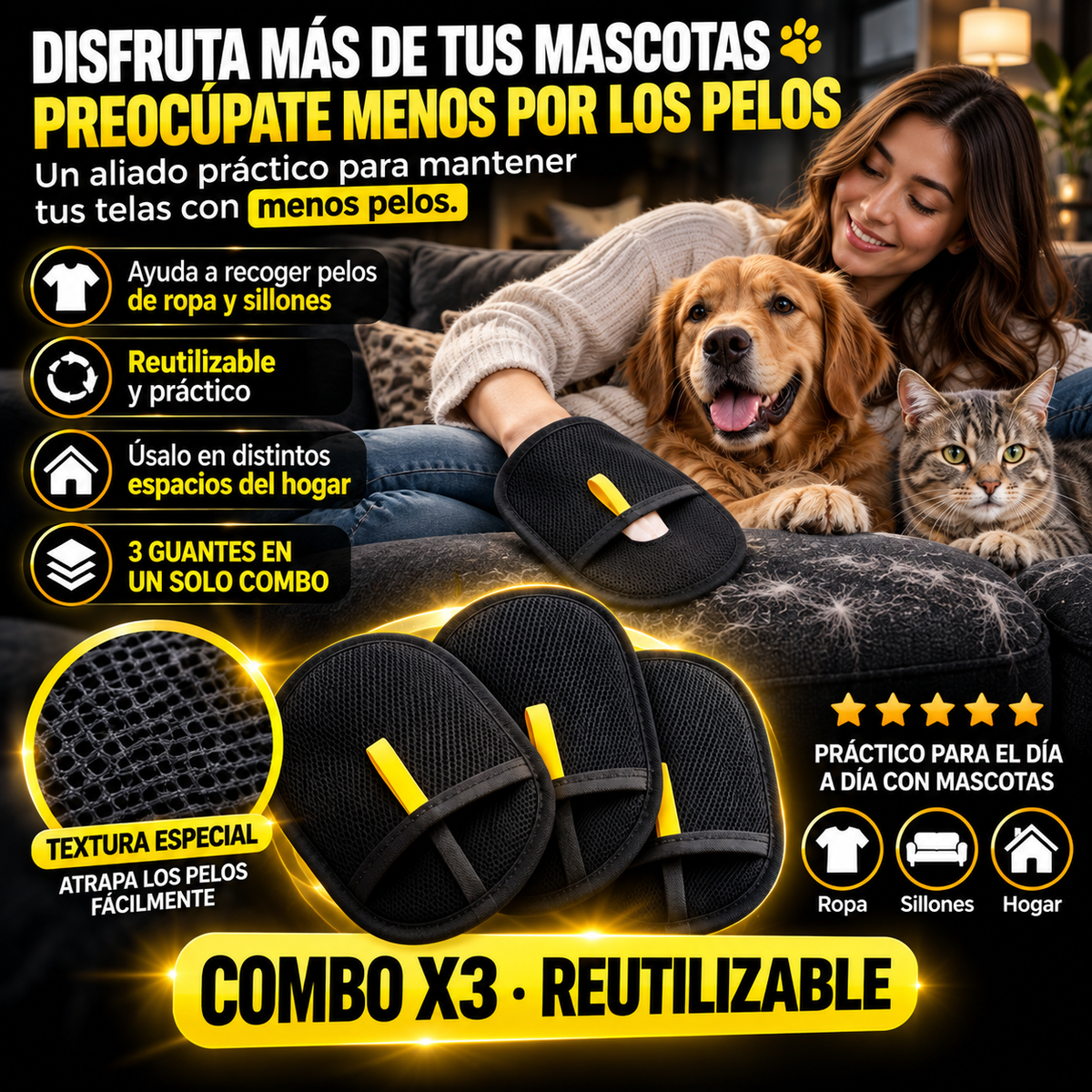 Combo Guante Quita Pelos Negro X3